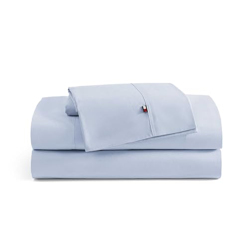 Image of Tommy Hilfiger - Sheet Set, Cotton Percale Bedding with Matching Pillowcases, Crisp & Cool, Solid Home Essentials (Blue, Full)