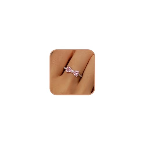 AIBELOPY Dainty Bow Rings for Women 925 Sterling Silver Cubic Zirconia Infinity Knot Ring Promise Rings for Her Mother Daughter Friendship Ring (Pink CZ 7)