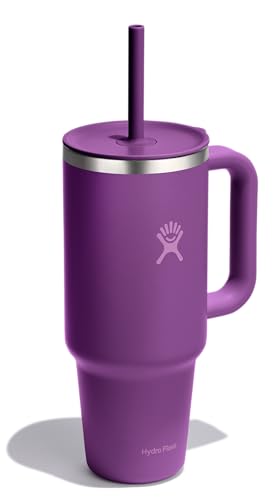 Image of Hydro Flask Travel Tumbler with Handle, Lid and Straw - Insulated Stainless Steel in 40 Oz Beachplum Purple