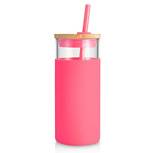 Tronco 20 oz Glass Tumbler with Lid and Straw, Iced Coffee Cup and Smoothie Cup with Bamboo Lids & Protective Silicone Sleeve, Dishwasher Safe, BPA-Free, Glass Cup 1 Pack
