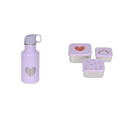 LÄSSIG Trinkflasche + LÄSSIG Snackbox 3er Set Kindergarten Schule Littgle Gang & Happy Rascals Heart lila
