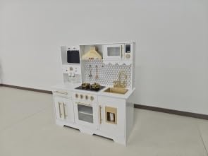 Cucina Giocattolo in Legno Grande, Set Cucina Montessori Per Bambini Altezza 105cm Con Orologio Didattico, Telefono, Fornelli e Lavello, Giochi Di Ruolo in MDF