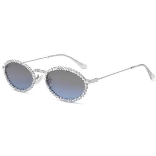 SOJOS Retro Skinny Oval Rhinestone Sunglasses for Women 90s Styles Bling Hippie Disco Trendy Sun Glasses Small Face SJ12053