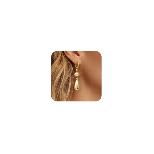 Dangle Gold Earrings for Women Trendy: Teardrop Earrings 14K Gold/Silver Plated Huggie Hoops Lightweight Hanging Teardrop and Ball Drop Earrings Hypoallergenic Statement Earrings Gold Jewelry
