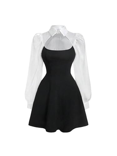 GORGLITTER Girl's Long Sleeve Dress Fall Cute Boho Color Block Cut Out Collared Skater Mini Dresses with Metallic Shrug