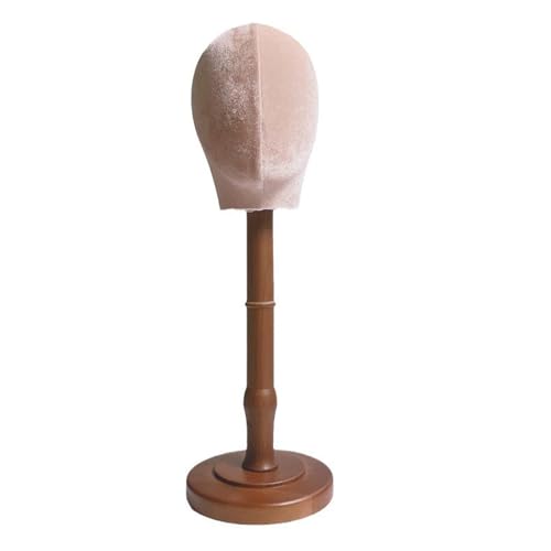 Tête de mannequin porte-perruque en tissu de 53cm avec une base stable en bois