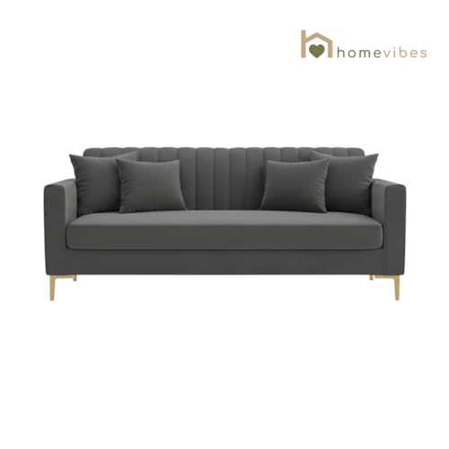 Image of 3 Seater Velum Fabric Sofa Set for Living Room, Modern Design with High Density Foam, Solid Wood Frame, Ergonomic Comfortable Seating for Home & Office (Dark Grey, 3 Seater) | Soft foam comfort