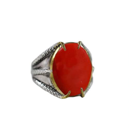 Red Coral Silver Ring, 925 Sterling Silver, Cab Oval, Two Tone, Handcrafted Jewelry For Men, Prong Setting Ring, Healing Gemstone, Unique Design Gift For Boys, Man's Red Gemstone Ring, Birthday Gift