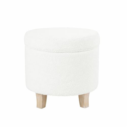 Image of HomePop Round Transitional Faux Sheepskin Fabric Storage Ottoman Home Decor|Upholstered Round Foot Rest Ottoman- Light Cream Large