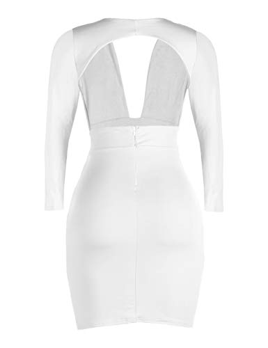 Haola Women's Deep V Neck Bodycon Dress Long Sleeve Backless Sexy Club Party Dresses White S