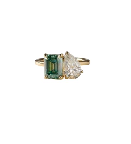 Luxury Two-Stone Engagement Ring, Green Tourmaline and Moissanite, 9x7mm Octagon and Pear Cut, 925 Sterling Silver, Gold Plated