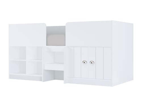 Vente-unique - Lit mi-Hauteur 90 x 190 cm avec rangements - Coloris : Blanc - BOUTANIO - pour Enfant