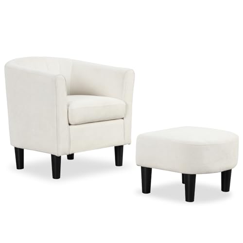 Sillón con terciopelo Teddy beige y otoman