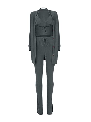 imbpceu Women's Sexy 3 Piece Outfits Button Front Cardigan Triangle Bra Drawstring Split Hem Pants Sets With Pocket2