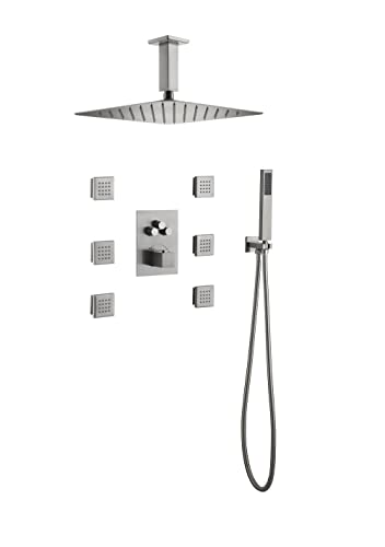 Sistema de ducha cuadrado de 12” Cascada con manija individual y 3 botones, 3 funciones (Lluvia, chorros corporales y ducha de mano) (Negro mate) miniatura 1