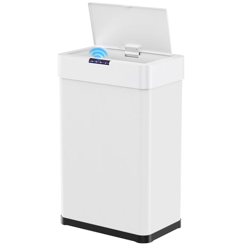 LIFERUN - LIFERUN Poubelle de cuisine avec capteur, 50 l, couvercle électrique avec anneau de serrage pour sacs poubelles, poubelle automatique sans contact, en acier inoxydable, blanche