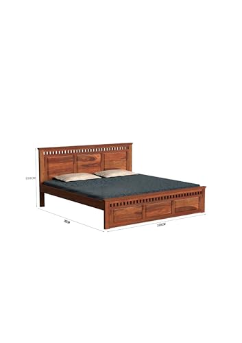 Image of Solid Sheesham Wood King Size Bed Without Storage | Wooden Double Bed Cot for Bedroom Furniture | Platform Bed | Palang for Hotels | Honey Finish, Recommended Mattress Size: 78 X 72 Inch