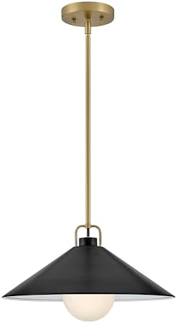 Lark Milo 84437LCB-BK Coolie Shade Pendant Light, Adjustable Height, Inner White Shade, for Even or Sloped Ceilings, Lacquered Brass and Black