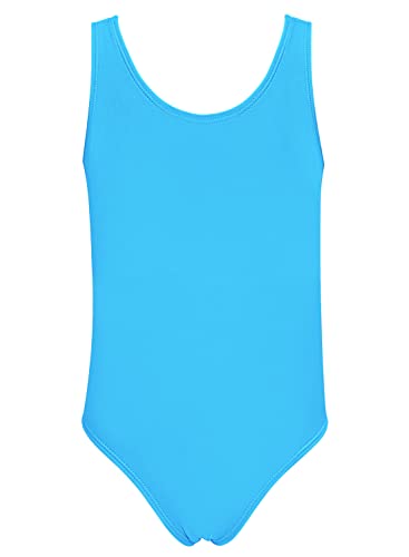 Image of SHEKINI Girls Solid Bathing Suits Kids One Piece Swimsuits U Neck Cute Swimwear Sky-Blue