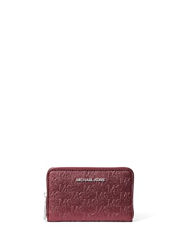 Image of Michael Kors Jet Set Small Zip Around Card Case, Silver-Tone Hardware /MK Embossed Glitter /Oxblood