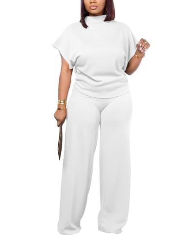 PINSV Lounge Sets For Women Casual 2 Piece Outfits Baggy Short Sleeve Top And Flare Pants Tracksuits Upgrade White M