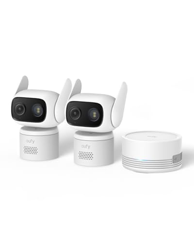 eufy Wired Cam C31 2 Pack with HomeBase Mini, 360° Coverage with Pan-Tilt, Indoor/Outdoor, Dual Antenna, Colour Night Vision, Subscription-Free, AI People/Vehicle/Pet/Crying Detection, 24/7 Recording