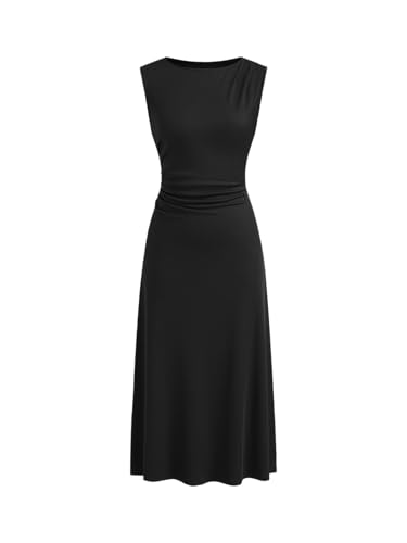 Image of CIDER Womens Summer Dresses Sleeveless Semi Formal Midi Dress Boat Neck Ruched A Line Split Elegant Dress