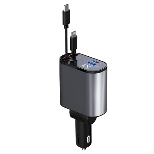 Image of ETH Retractable Car Charger, 120W 4 in 1 Super Fast Charge Car Charger, Type C & USB Charging Ports, Retractable Cables (80Cm) Car Adapter, Compatible iPhones, Ipad, Galaxy, Pixel, Grey