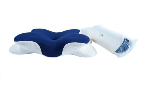Image of SYSVENT The Future | Premium Memory Foam Neck Pillow for Orthopedic Support | Ergonomic Cervical Pillow for Tailbone, Sciatica & Lower Back Pain Relief | Breathable Cover | Navy Blue & White