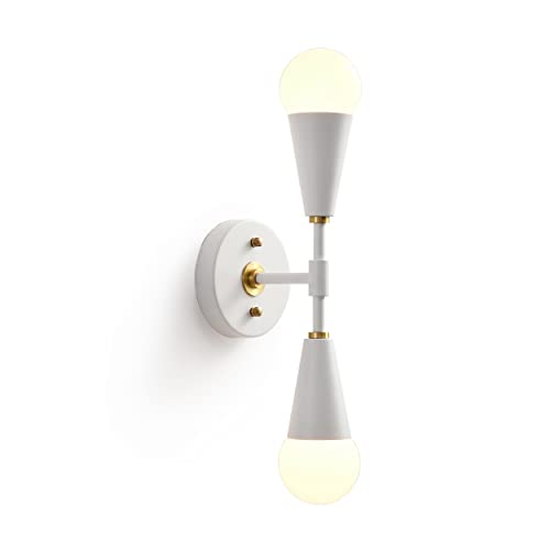 Image of BRIGHTTIA Vicky 2 Light Cone Socket Wall Sconce - Mid Century Modern Fixture for Wall & Ceiling - Minimalist Edison Lamp for Hallway and Bathroom Vanity - White & Gold (BW0027-2WG)