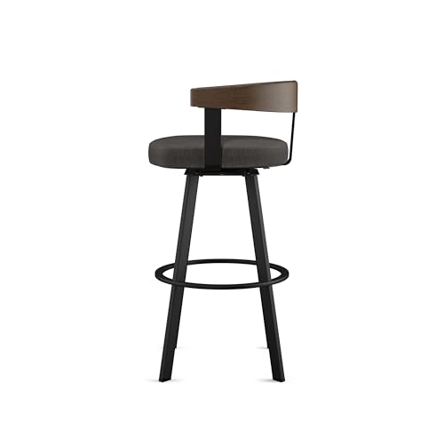 Image of Amisco Lars 30 inch Swivel Bar Height Barstool, Upholstered Stool with Solid Wood Back and Arms for Kitchen Island or Bar, Drees Stool, Charcoal Grey Polyester /Brown Wood /Black Metal
