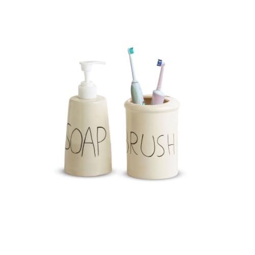Image of ExclusiveLane 'Hand Lettered' Hand-Painted Ceramic Bathroom Accessories Set of 2 (Liquid Soap Dispenser for Wash Basin, Paste & Toothbrush Holder) |Handwash Dispenser |Bathroom Organiser Set