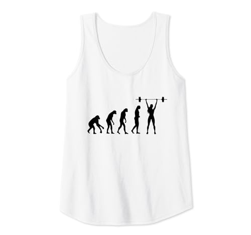 Mujer Human Evolution Fitness Girl Barbell Gym Divertido Camiseta sin Mangas