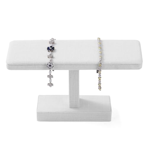 Microfiber T-bar Bracelet Watch Stand Jewelry Bracelet Watch Holder Necklace Bangle Organizer Holder Jewelry Stand,Solid Wood Interior(White)