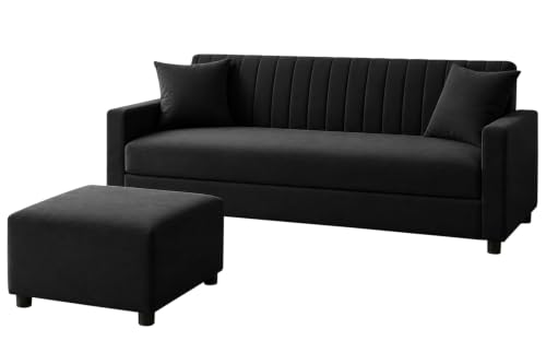 Image of Urban Decor 3 Seater Wooden Sofa Set with Matching Ottoman, Modern Channel Tufted Velvet Fabric Couch for Living Room-Black