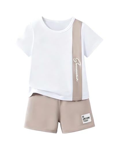 Image of Ayzozuy Boy Clothes Colorblock Top + Drawstring Waist Shorts 2 Pieces Kid Summer Outfits Set