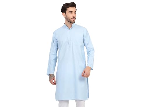 Image of Men's Cotton Blend Blend Knee Length Solid Color Style Stright Long Mandrin Collor Ethnic Casual Wear Kurta Only