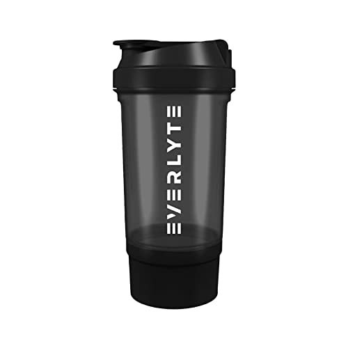 EVERLYTE® - schwarzer Shaker 500ml + 150ml Behälter | Sportshaker mit Druckverschluss, Sieb und Mess-Skala | Fitness Shaker für klumpenfreie Shakes | BPA und DEHP frei | Spülmaschinenfest Cover