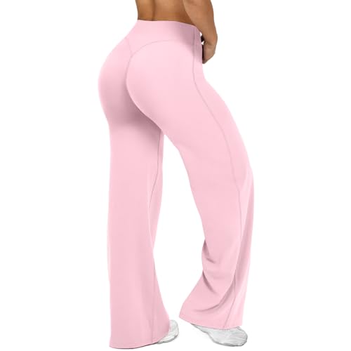 JGS1996 Wide Leg Yoga Pants Bottoms Straight Leg Leggings for Women High Waist Stretch Booty Casual Gym Workout Sweatpants Light Pink