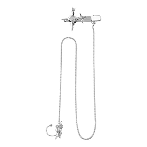 Pendientes de aro para cartílago de estrella de cristal, cadena larga, clip lateral para el pelo, Acero aleado