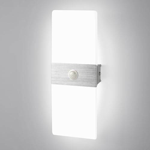 JaneYi Applique Murale Intérieure LED avec Détecteur de Mouvement 12W Blanc Froid 6500K Lampe Murale Moderne Acrylique Aluminium Luminaire Éclairage Intérieur pour Couloir Escalier Balcon Salon Entrée