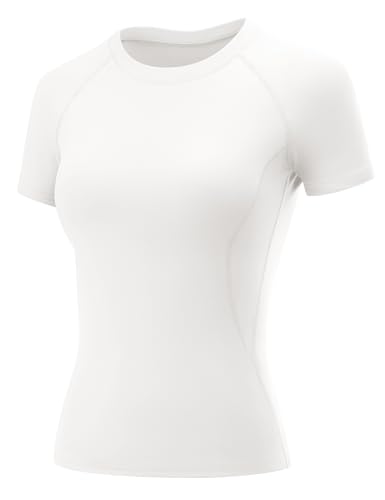 Rapbin Compression Shirt Damen Gym Top Sport Oberteil Yoga Kurzarm Crop Top Sportshirt Leicht Fitness Oberteil mit Rundhalsausschnitt Weiß XL