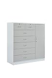 Hodedah 7 Drawer Jumbo Chest, Five Large Drawers, Two Smaller Drawers with Two Lock, Hanging Rod, and Three Shelves | Grey-White