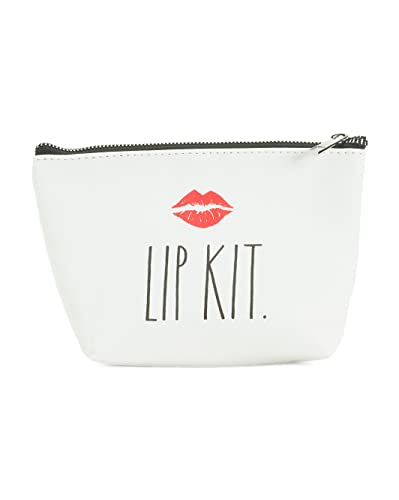Rae Dunn Cosmetic Pouch (8in W x 5.5in H), White/Lip Kit,