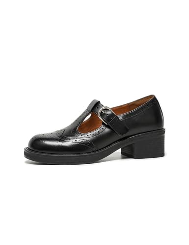 Image of BEAU TODAY Oxford Shoes for Women, Mary Jane Shoes for Women T Strap Leather Wingtip Brogue, Chunky Heel Comfortable Non Slip Dress Work Shoes