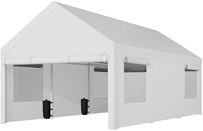Shintenchi Portable Garage Canopy,10x20 FT Heavy-Duty Design Carport,Carport Canopy with Side-Opening Removable Door & Roll-Up Window,Portable Car Port for Car, Truck, Boat,White