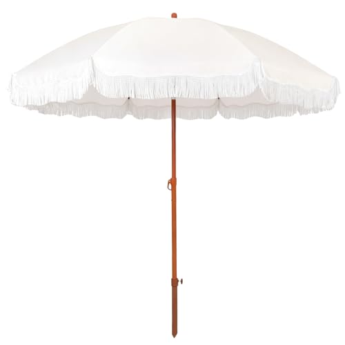 Sombrilla de Jardín de 200 cm con Flecos, Sombrilla de Playa de Estilo Boho con Inclinación y Altura Ajustables, para Balcón, Terraza, Beige