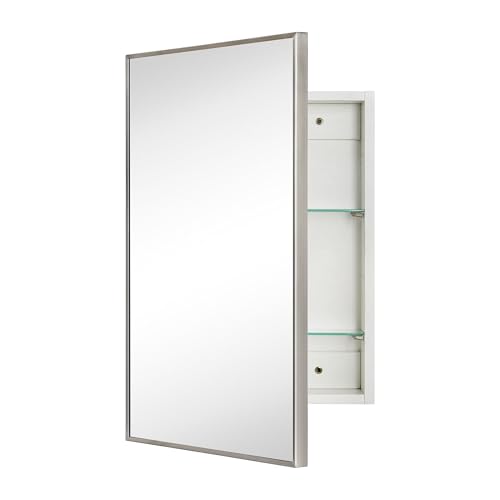 Image of TEHOME 16.5'' x 24'' Brushed Nickel Recessed and Surface Mount Bathroom Medicine Cabinet with Mirror Square Cornered Metal Framed Rounded Rectangle Medicine Cabinet Mirror