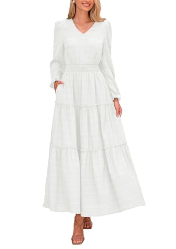 PRETTYGARDEN Women's Maxi Dress Casual Long Sleeve V Neck Smocked Waist Tiered Ruffle Flowy Cocktail Pocket Dresses (White,XX-Large)