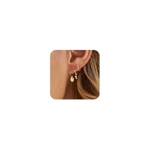 Image of Gold Plated Earrings for Women, 14k Gold Plated Earring Stack Hypoallergenic Pearl Drop Earring Dainty Earrings for Women Trendy Cute Small Huggie Hoop Earring Fashion Womens Jewelry